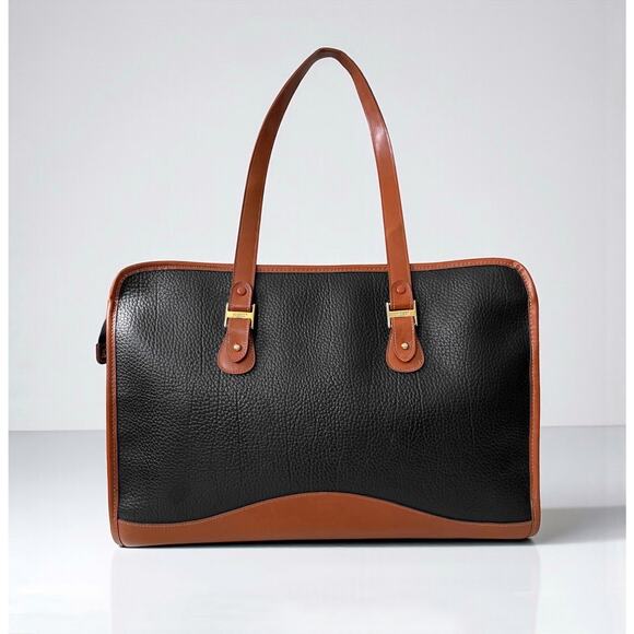 GUESS Black Cognac Leather Satchel Laptop Bag 90s Vintage Oldmoney Corporate - Picture 4 of 9